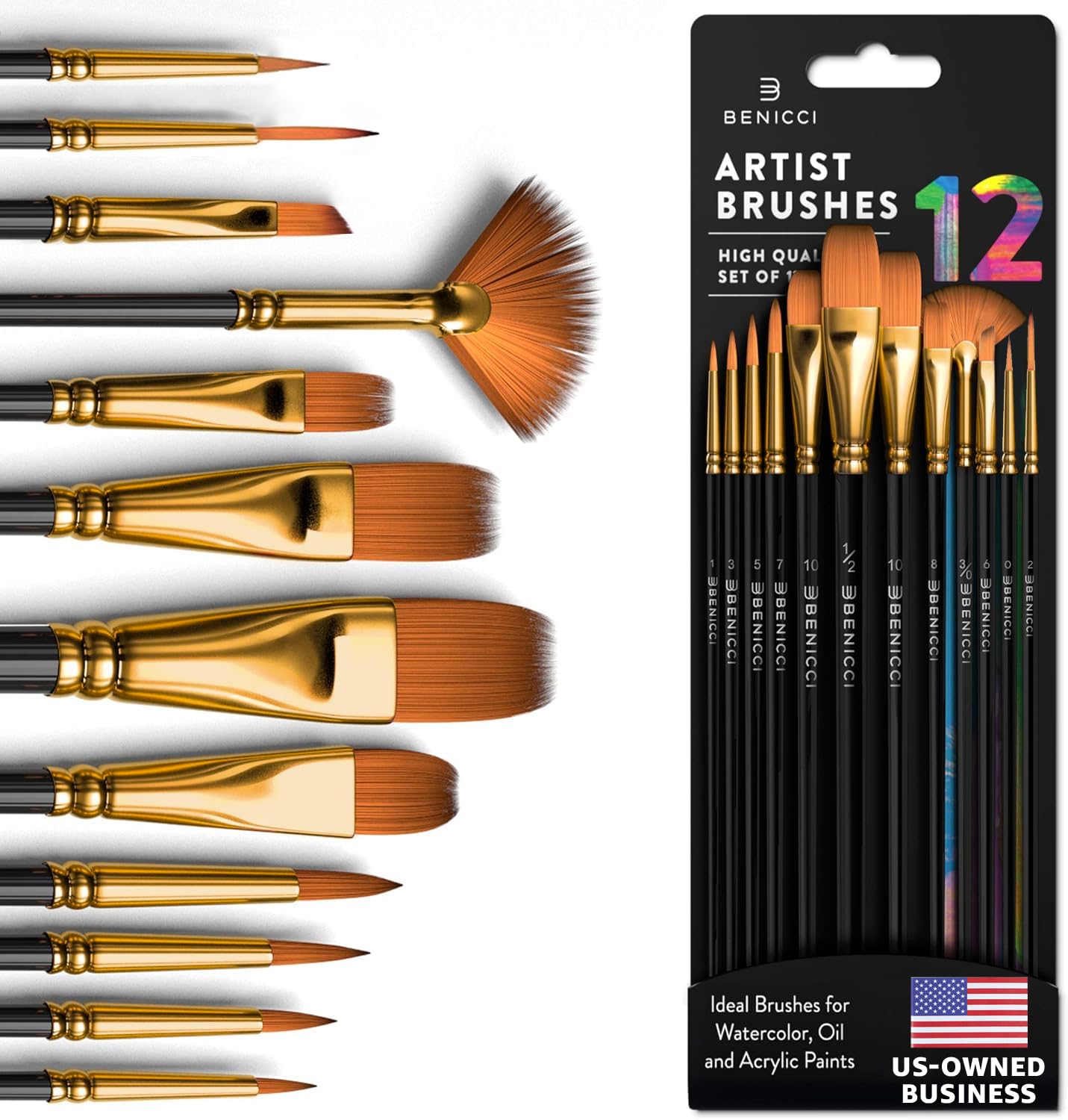Professional Artist Paint Brush Set of 12 - Painting Brushes Kit